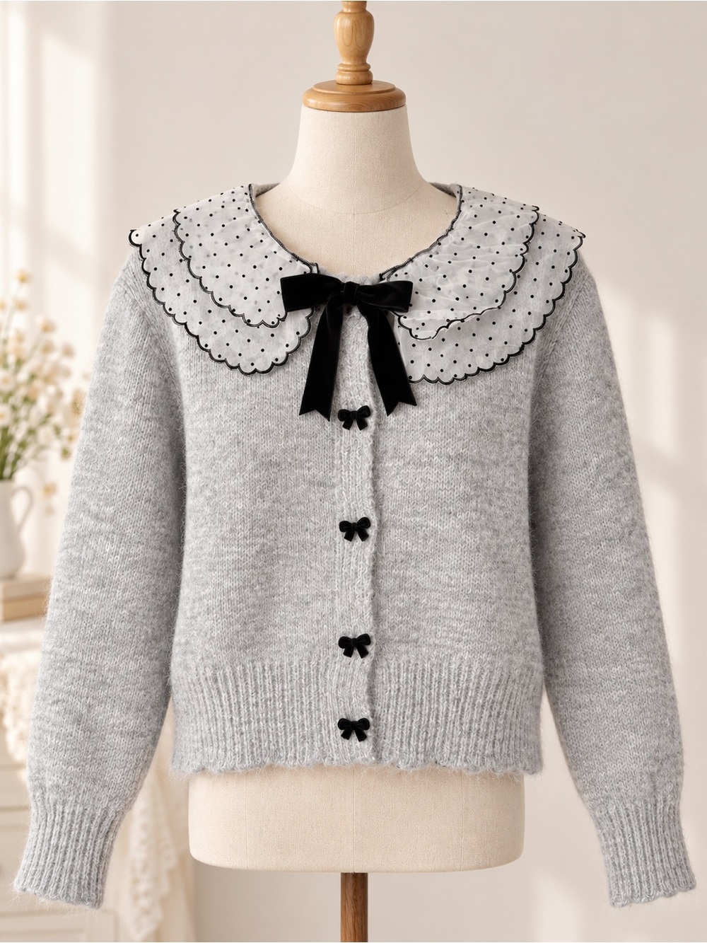 Gray Bow Detail Knit Cardigan | New, Never Worn